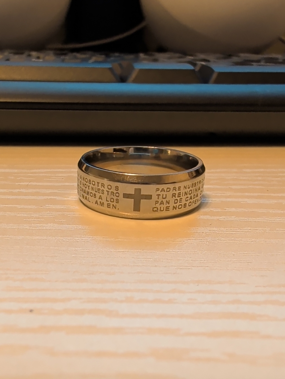 Men's Silver Prayer Band Ring with Cross Our Father El Padre Nuestro